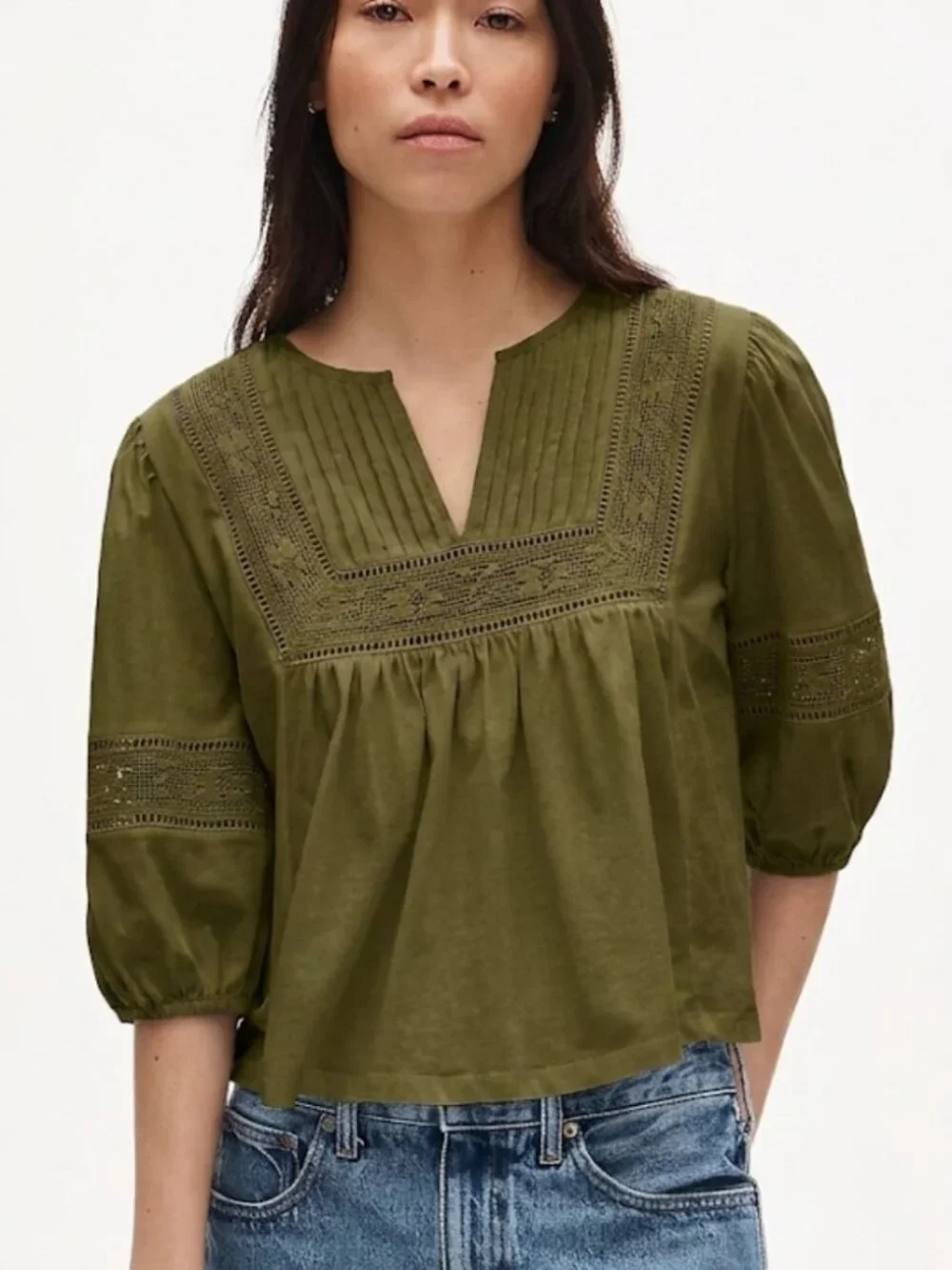 NWT J. Crew Lace-trim Puff Sleeve Shirt Broken-in Jersey Green Flowy Peasant 2X